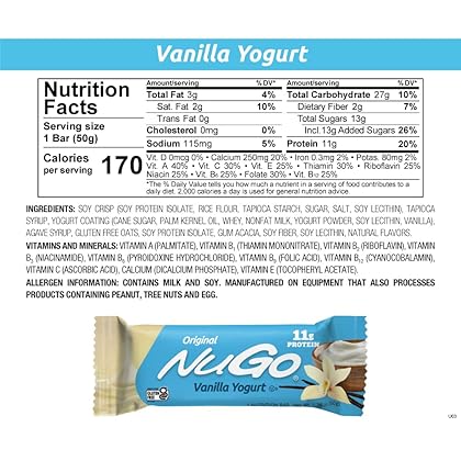 NuGo Protein Bar, Vanilla Yogurt, 11g Protein, 170 Calories, Gluten Free, 1.76 Ounce each, 15 Count (Pack of 1)