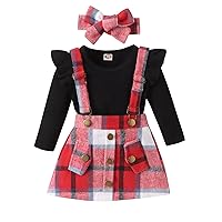 Toddler Baby Girl Fall Winter Skirts Set Ribbed Long Sleeve Solid Romper Flannel Plaid Suspender Skirt With Headband