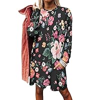 Fashion Flower Women's Long Sleeve T-Shirt Dress Casual Tunic Tops Loose Fit Crewneck Sweatshirts with Pockets