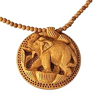 NOVICA Handmade Carved Wood Necklace Crafted Indian Jewelry Pendant Natural Materials Animal Themed Eco Friendly Jali Nature 'Elephant Fortune'