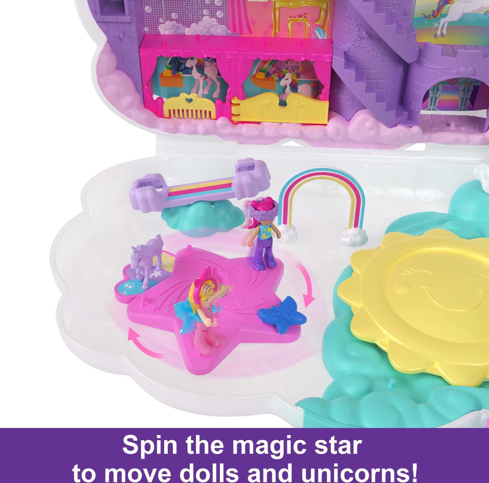 Polly Pocket 2-In-1 Travel Toy, Rainbow Unicorn Salon Styling Head with 2 Micro Dolls & 20+ Accessories