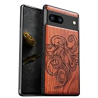 Carveit Wood Case for Pixel 7a Case [Natural Wood & Black Soft TPU] Shockproof Protective Cover Unique & Classy Wooden Phone Case Compatible with Google Pixel 7a Case (Octopus Drawing-Red Wood)