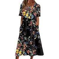 Casual Plus Size Short Sleeve Midi Dress Elegant Floral Dressy Flowy Dress Trendy Smocked Summer Beach Dress