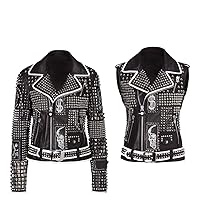 Womens Black Studded Patches White Lining Leather Jacket Studs Spike