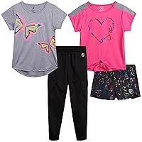 Body Glove Girls' Short Set - 4 Piece T-Shirt, Tricot Cargo Jogger Sweatpants, Shorts – Active Short Set for Girls (7-12)