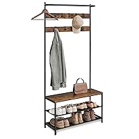 VASAGLE Coat Rack with Shoe Storage, Hall Tree, Coat Stand with Shoe Bench for Hallway, 9 Movable Hooks, Top Bar, 12.7 x 33.1 x 70.9 Inches, Bedroom, Industrial, Rustic Brown and Ink Black HSR421B01