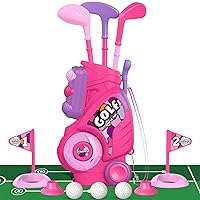Liberry Toddler Golf Set with Putting Mat for 2 3 4 5 Years Old Boys Girls, Upgraded Kids Golf Cart with Unique Shoulder Strap Design, Indoor and Outdoor Golf Toys Gifts (Pink)