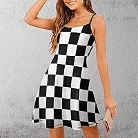 White Black Checkered Women's Sling Beach Sundress Casual Swing Dress Tank Dress Sleeveless T Shirt Dresses