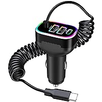 [Apple MFi Certified] 140W USB-C Car Charger, SDNCIE 2PD+2QC3.0 Car Power Cigarette Lighter USB Charger Adapter with 6FT Type-C Coiled Cable for iPhone 15/15 Pro/iPad Pro/Galaxy S24/S23/Pixel/Android
