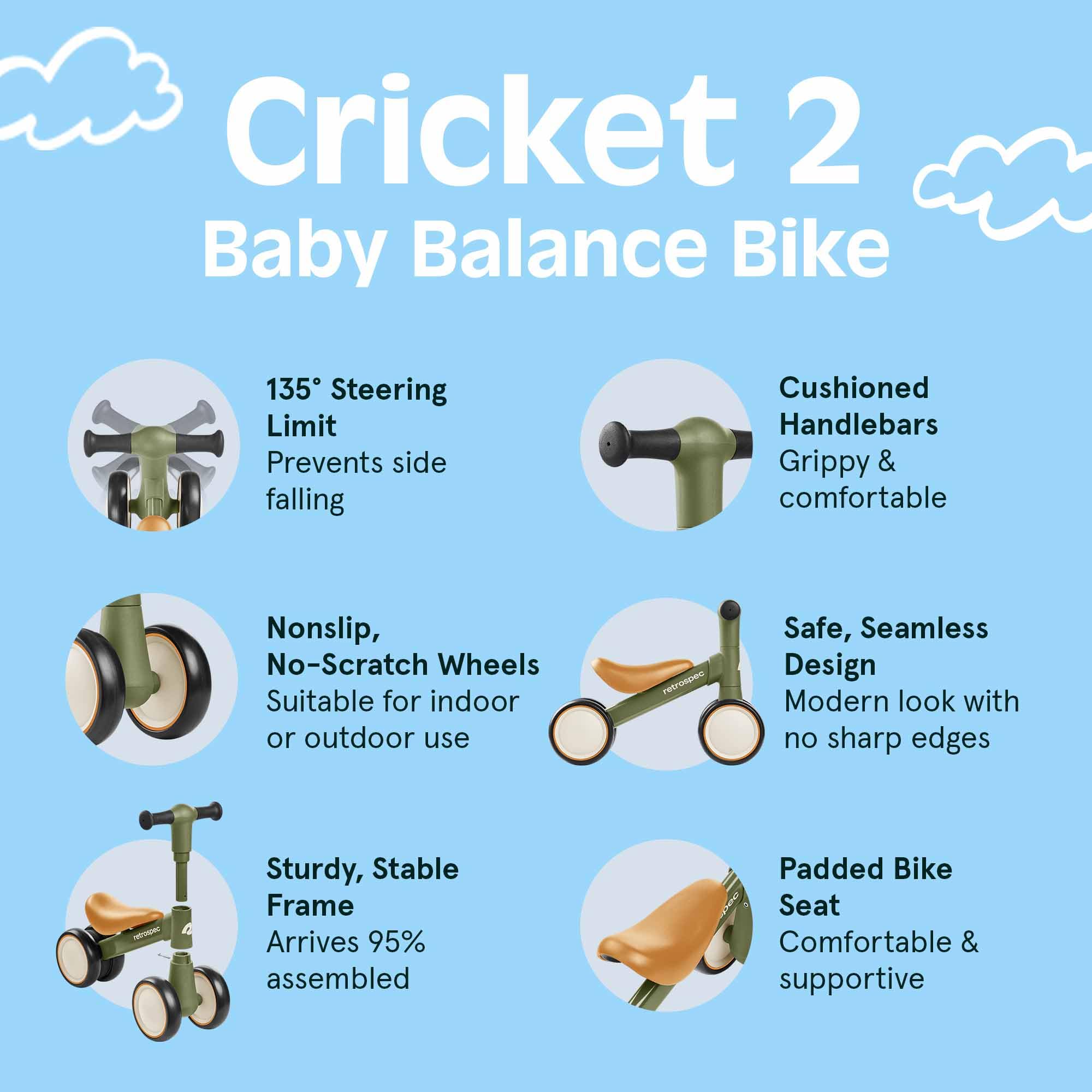 Retrospec Cricket Baby Walker Balance Bike with 4 Wheels for Ages 12-24 Months - Toddler Bicycle Toy for 1 Year Old’s - Ride On Toys for Boys & Girls