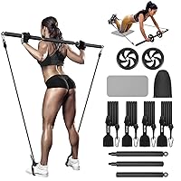 Pilates Bar Kit with Ab Roller, Adjustable 3-Section Pilates Bar with 4 Resistance Bands for Women/Men, Portable Yoga Pilates Bar for Home Gym Full Body Shaping