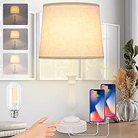 Farmhouse Table Lamp Touch Control 3-Way Dimmable Table Lamp, Modern Nightstand Lamp with 2 USB Port Bedside Desk Lamp with Fabric Shade for Living Room Bedroom Hotel (Pack-01 White)