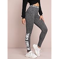 Slogan Graphic Marled Leggings (Color : Gray, Size : X-Small)