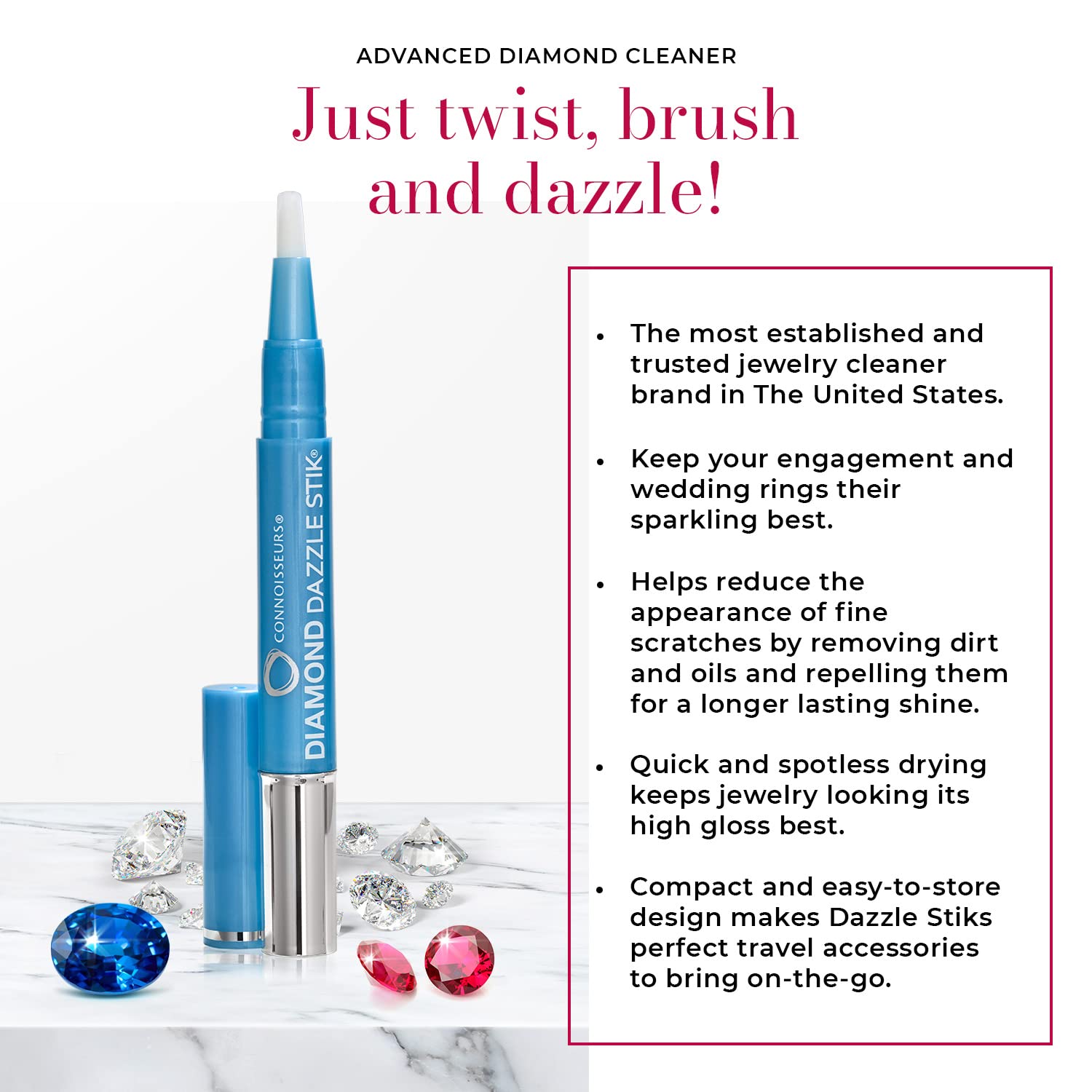 CONNOISSEURS Diamond Dazzle Stik - Portable Diamond Cleaner for Rings and Other Jewelry - Bring Out The Sparkle in Your Precious Stones