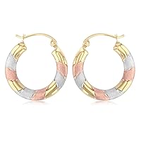 14K Tri Color Gold Diamond Cut Hoop Hinged Earrings