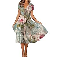 Summer Casual Dresses for Women,Short Sleeve Swing Sundress Floral Print T-Shirt Dress