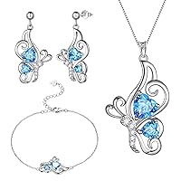 Blue Butterfly Heart Jewellery Sets Women 925 Sterling Silver Animal Butterflies March Created Aquamarine Birthstone Aquamarine Necklace/Earring/Bracelet Set Crystal Wedding Birthday Jewelry DS0100