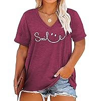 Plus Size Smile Face Shirts Women V Neck T Shirts Short Sleeve Tshirts Summer Tops