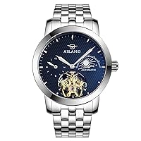 WhatsWatch Waterproof Automatic Silver Watch for Men Stainless Steel Band with Analog Blue Dial Moon Phase -331
