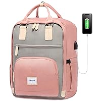 LOVEVOOK Laptop Backpack Vintage Backpack with USB Charging Port Travel Computer Bag(Pink & Grey,15.6 Inch)
