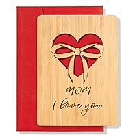Mothers Day Card for Mom - Mothers Day Gifts for Mom from Daughter Son - Handmade Bamboo I Love You Mom Card with Envelope - Blank Inside