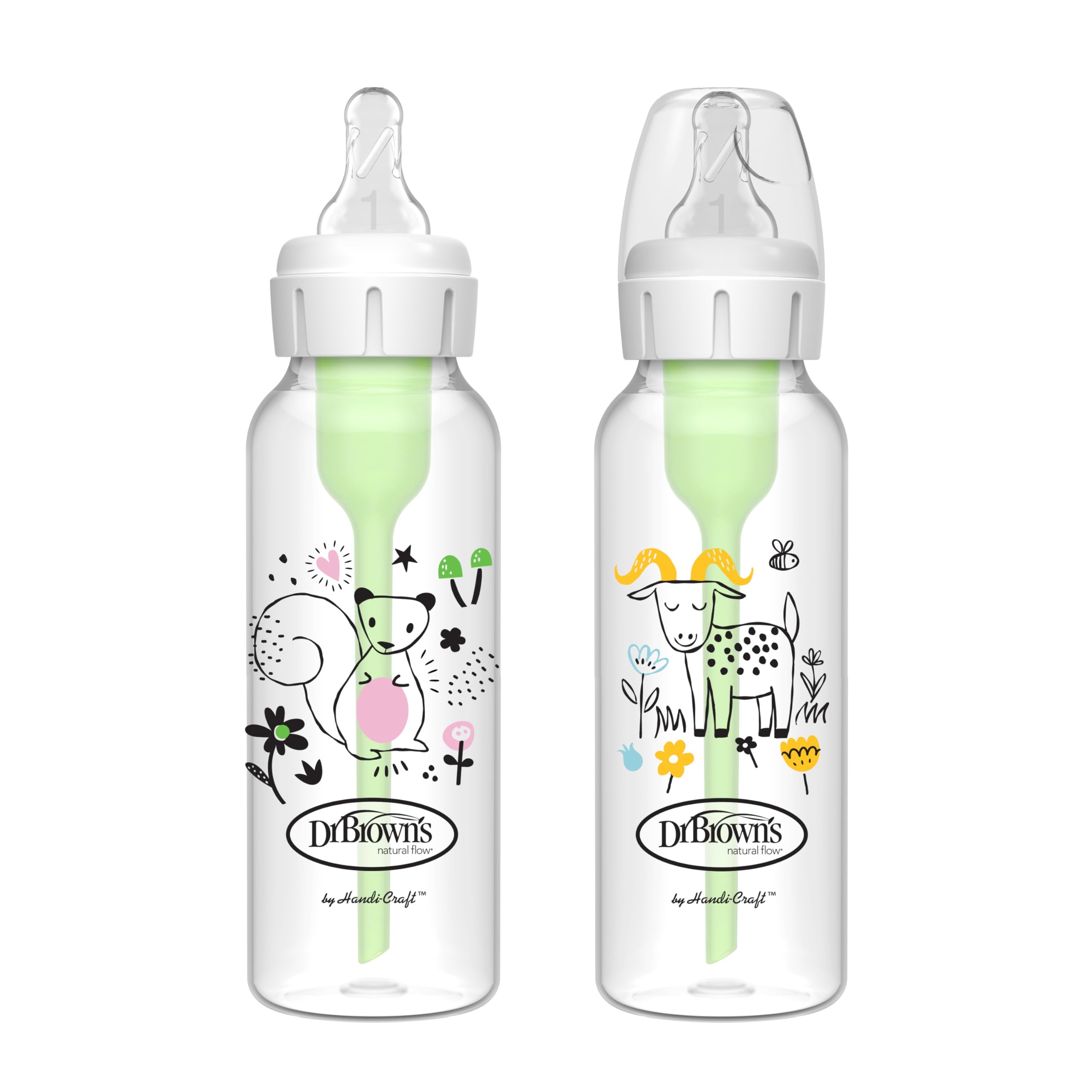 Dr. Brown's Natural Flow Anti-Colic Options+ Narrow Baby Bottle, Squirrel & Goat, 8 oz/250 mL, with Level 1 Slow Flow Nipple, BPA Free, 0m+, 2-Pack