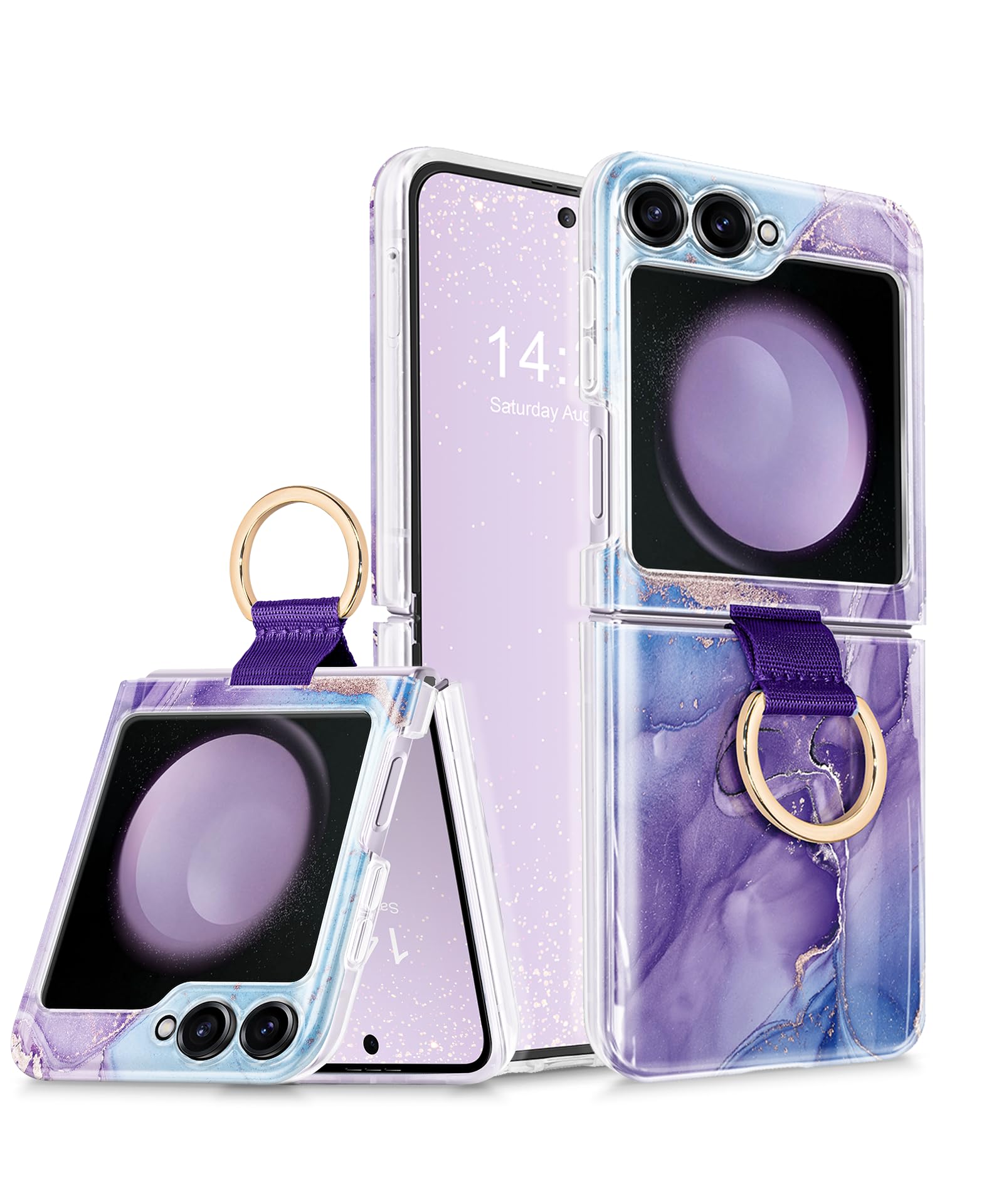 Vowodu Marble Case for Samsung Galaxy Z Flip 5 Case with Ring, [Precise Camera Protection]+[1*Screen Protector], Wireless Charging Anti-Scratch Shockproof Case for Z Flip 5 5G (Blue Purple)