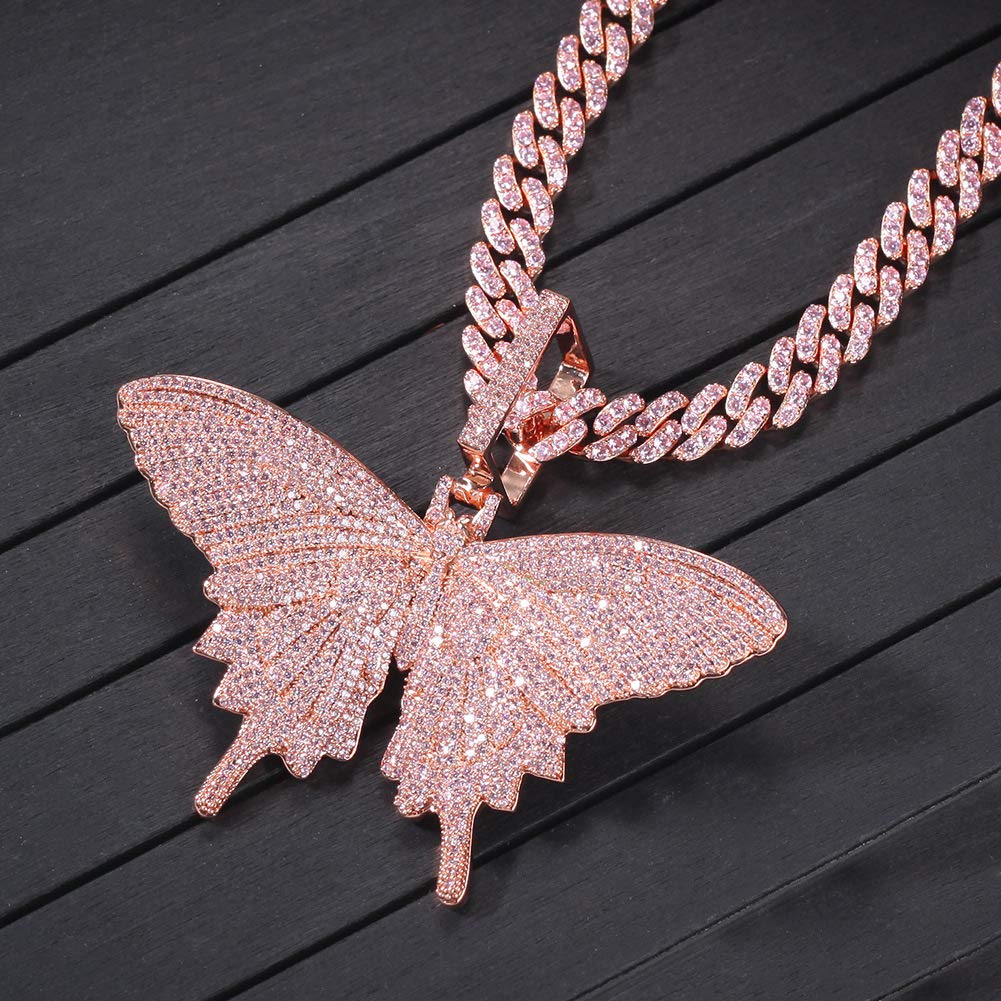 KMASAL Iced Out Chain 18K Gold Plated Fully CZ Simulated Diamond Pink Butterfly Hip Hop Pendent Necklace for Men Women