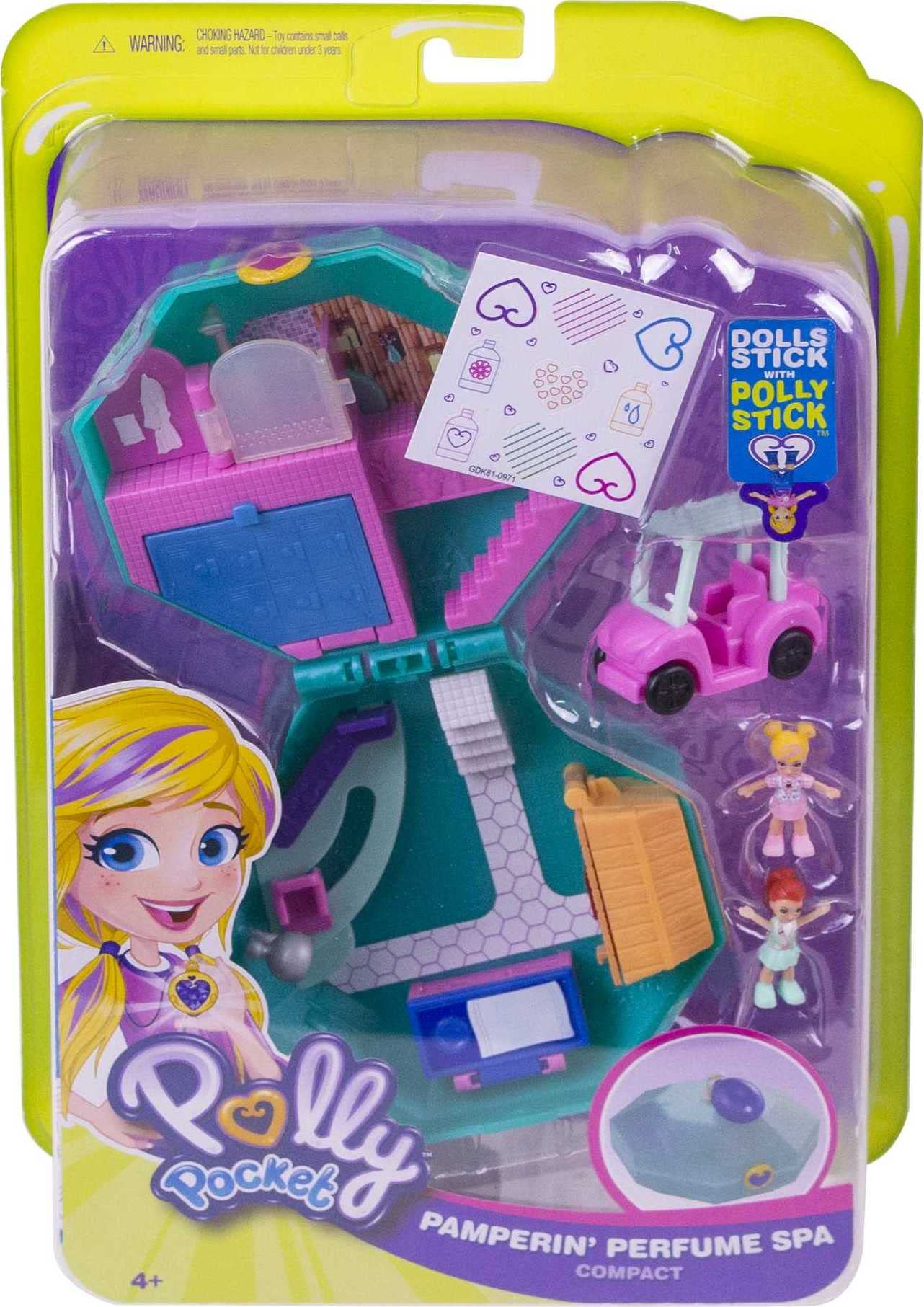 Polly Pocket Playset, Travel Toy with 2 Micro Dolls, Toy Car & Surprise Accessories, Pamperin Perfume Spa Compact