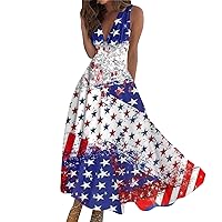 Women's 4Th of July Long Dress Maxi Casual Summer Sleeveless V Neck Boho Waist Retraction Printed Dress, S-3XL