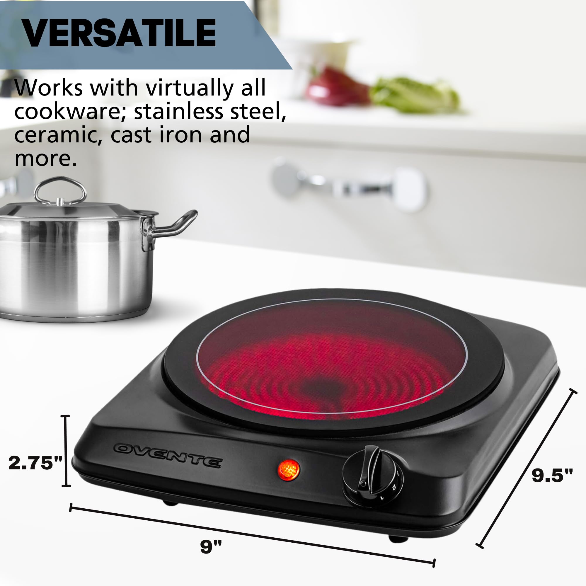 OVENTE Countertop Infrared Single Burner, 1000W Electric Hot Plate with 7” Ceramic Glass Cooktop, 5 Level Temperature Setting & Easy to Clean Base, Compact Stove for Home Dorm Office, Black BGI101B