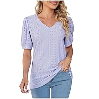 Ladies Cozy Eyelet Tops Puff Sleeve Summer V Neck Tshirt Loose Fit Vacation Blouses for Women Dressy Tee Tunic