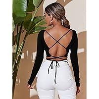Solid Crisscross Tied Backless Crop Tee (Color : Black, Size : XX-Small)
