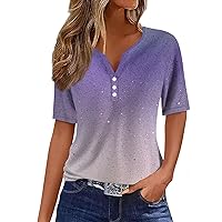 Summer Outfits for Women,Womens Trendy Solid Short Sleeve Henley V Neck Shirts Loose Button Down Boho Tunic Tops
