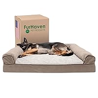 Furhaven Cooling Gel Dog Bed for Large Dogs w/ Removable Bolsters & Washable Cover, For Dogs Up to 125 lbs - Sherpa & Chenille Sofa - Cream, Jumbo Plus/XXL