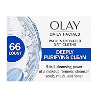 Olay Daily Facials, Deeply Purifying Clean, 5-in-1 Cleansing Wipes with Power of a Makeup Remover, Scrub, Toner, Mask and Cleanser, 66 Count