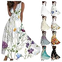 Cute Dresses for Women, Summer Boho Floral Flared A-Line Wrap V Neck Swing Casual Party Dresses with Pockets Bodycon Mini Dresses Women 2024 Glitter Prom Dress Midi Bodycon (L, White)