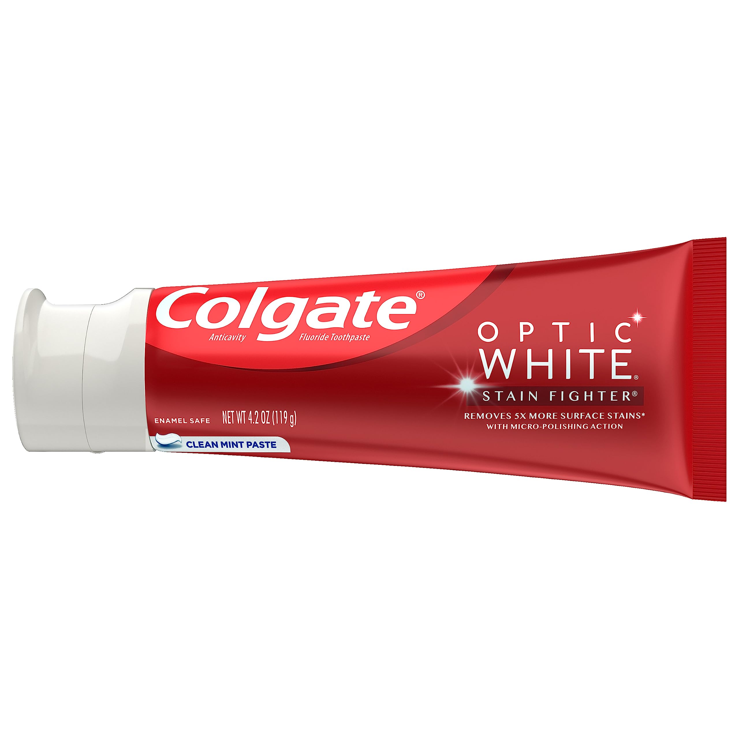 Colgate Optic White Stain Fighter Whitening Toothpaste, Clean Mint Flavor, Safely Removes Surface Stains, Enamel-Safe for Daily Use, Teeth Whitening Toothpaste with Fluoride, 4.2 Oz Tube