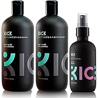 Shampoo +Conditioner +Sea Salt Spray-Style Essentials Bundle by Kick: High Performance Anti-Dandruff Cleansing/Conditioning for Thinning Hair, Natural Texturizing Spray for Volume-For Men & Women