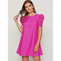 Summer Dresses for Women 2022 Puff Sleeve Keyhole Back Tunic Dress Dresses for Women (Color : Hot Pink, Size : X-Small)