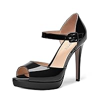 Womens Buckle Patent Party Peep Toe Platform Cute Ankle Strap Stiletto High Heel Pumps Shoes 4.7 Inch