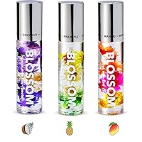 Blossom Scented Roll on Lip Gloss, Infused with Real Flowers, Made in USA, 0.60 fl. oz/17.7ml, 3 pack bundle, Coconut, Pineapple Mango