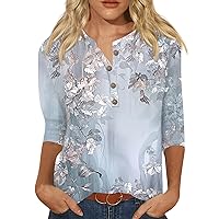 Ladies Shirts 3/4 Length Sleeves 3/4 Length Sleeve Womens Tops 2024 Casual Trendy Print Loose Fit with Henry Collar Oversized Tunic Shirts Light Blue Large