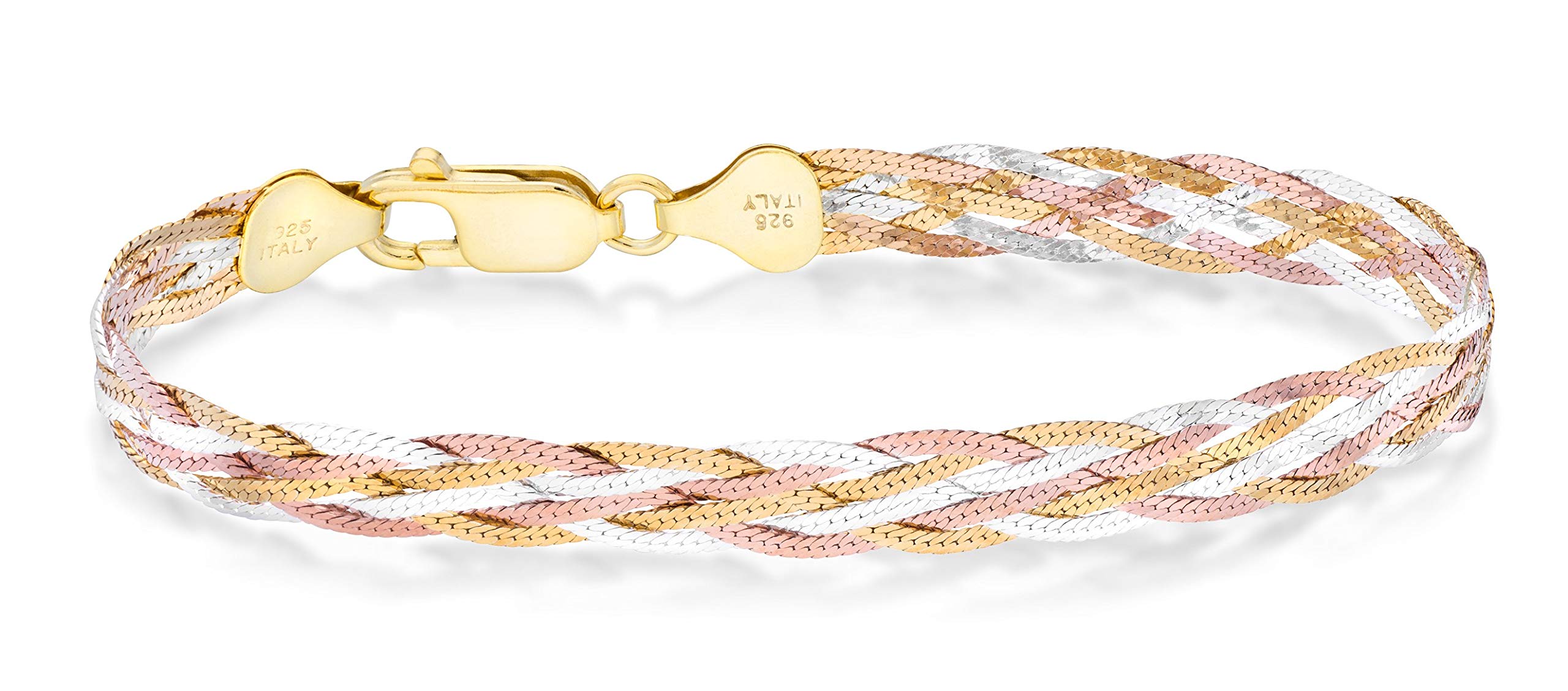 Miabella Tri-Color 18K Gold Over 925 Sterling Silver Italian 6-Strand 7mm Braided Herringbone Chain Bracelet for Women Teen Girls, Made in Italy