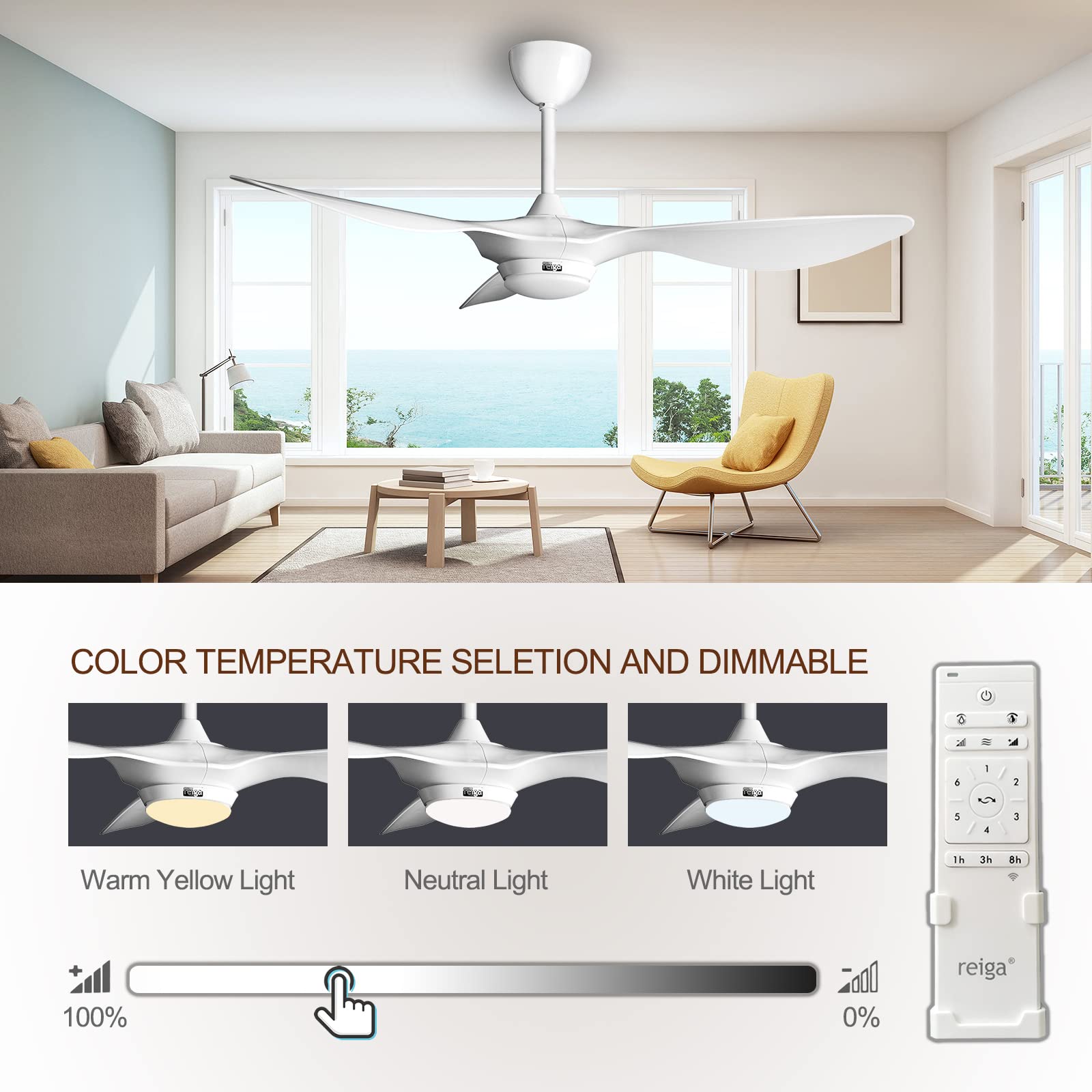 reiga 52-in Modern Bright White Ceiling Fan with Dimmable Light and Remote Control, 3 Blades Ceiling Fans Reversible Quiet DC ETL Motor, 6-Speed, Timer, for Bedroom Living Room and Patio