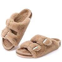 Fuzzy Slippers Women with Cork Footbed Fluffy Slide Sandals Open Toe Indoor House Shoes | Arch Support | Adjustable Buckles