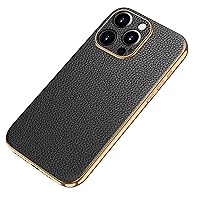 Genuine Leather Case for iPhone 15 Pro Max/15 Pro/15 Plus, Electroplated Ultra Thin Phone Cover with Full Coverage Lens Luxury Soft Case,Black,15 Pro Max''