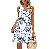 Womens Summer Dresses,Womens Casual Print Hollow Out Crewneck Sleeveless Sundress Loose Tank Dress Flowy Beach Dress