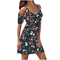 Floral Boho Dresses for Women 2024 Vacation Sexy Cold Shoulder Pleated Scoop Neck Loose Fit Casual Sundresses Cami Dress