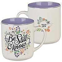 Christian Art Gifts Ceramic Scripture Coffee & Tea Mug, 14 oz Large Inspirational Bible Verse Mug for Women: Be Still & Know - Psalm 46:10 Lead-free with Silver Rim, White, and Purple Floral